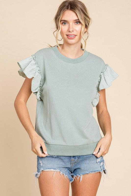 Sage Terry Cloth Striped Cap Sleeve Top
