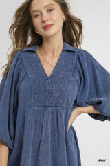 Navy Smocked Gauze Midi Dress