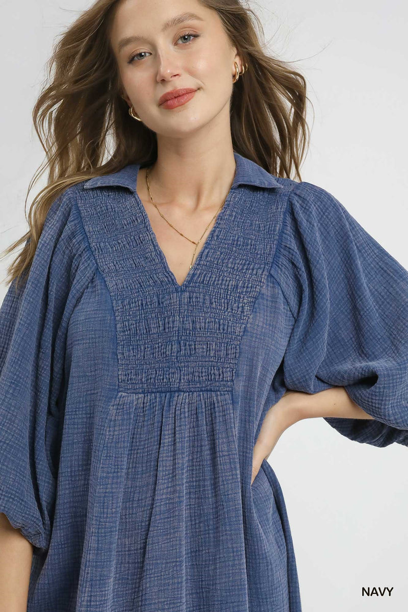 Navy Smocked Gauze Midi Dress