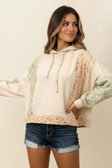 Curvy Oatmeal Floral Bubble Sleeve Hooded Top