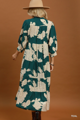 Teal Floral Printed Midi Dress
