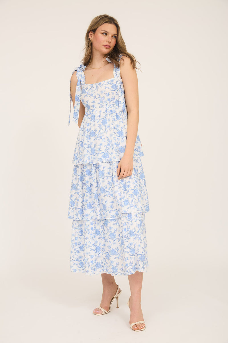 Floral Tie Strap Tiered Midi Dress