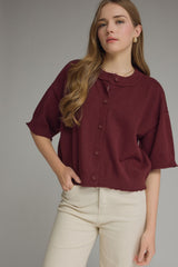 Burgundy Button Down Short Sleeve Cardigan Sweater