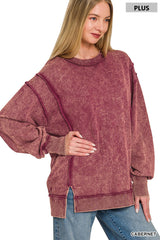 Curvy Acid Wash F/ Terry Exposed-Seam Sweatshirt