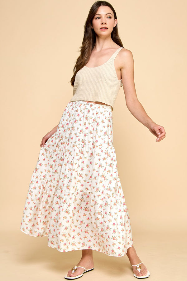 White Floral Print Three Tier Skirt
