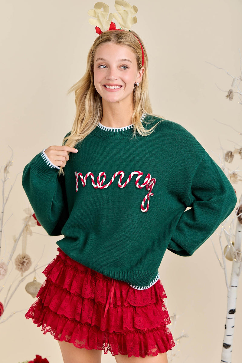 Hunter Green Merry Embroidered Sweater