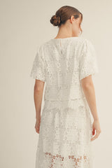 White Short Puff Sleeve Scalloped Lace Top