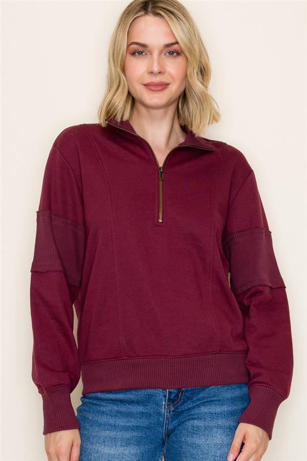 Maroon Half Zip Mock Neck Rib Contrast Pullover