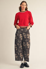 Brown Floral Wide Leg Barrel Pants