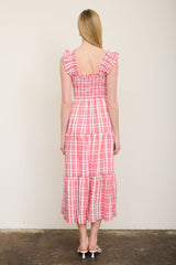 Plaid Smocked Ruffle Strap Midi Dress