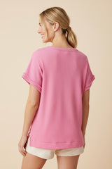 Peach Ribbed Cap Sleeve Contrast Striped Top