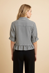 Black Stripe Peplum Hem Button Down Top