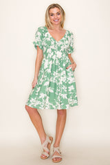 Sage V-Neck Smocked Dress with Puff Sleeve