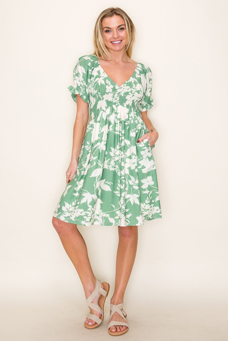 Sage V-Neck Smocked Dress with Puff Sleeve