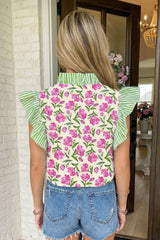 Pink Floral and Striped Ruffle Sleeve Top