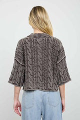 Brown Washed 3/4 Sleeve Cable Knit Sweater
