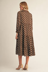 Brown Polka Dot Ruffled V Neck Midi Dress