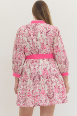 Curvy Pink Paisley Front Button Long Sleeve Dress