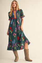 Green Floral Contrast Accent Midi Dress