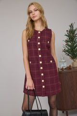 Plaid Tweed Button Down Sleeveless Dress