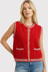 Red Ribbed Finish Button Down Sweater Vest
