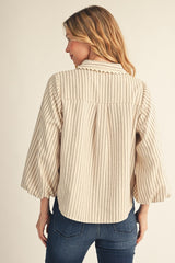 3/4 Puff Sleeve Scallop Trim Buttom Front Top