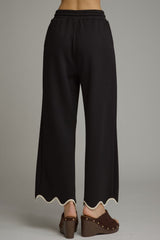 Black Scallop Trim Hem Elastic Waist Pants