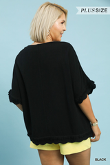 Curvy Black Linen Scalloped Frayed Hem Top