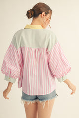 Pink Stripe Mix Button Front Top