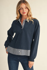 Navy Long Sleeve Contrast Stripe Top