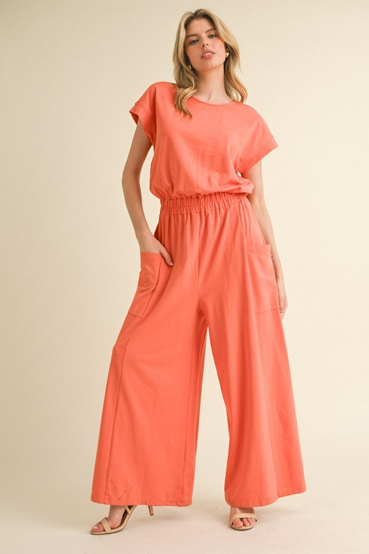 Apricot Short Kimono Sleeve Jumpsuit with Pockets