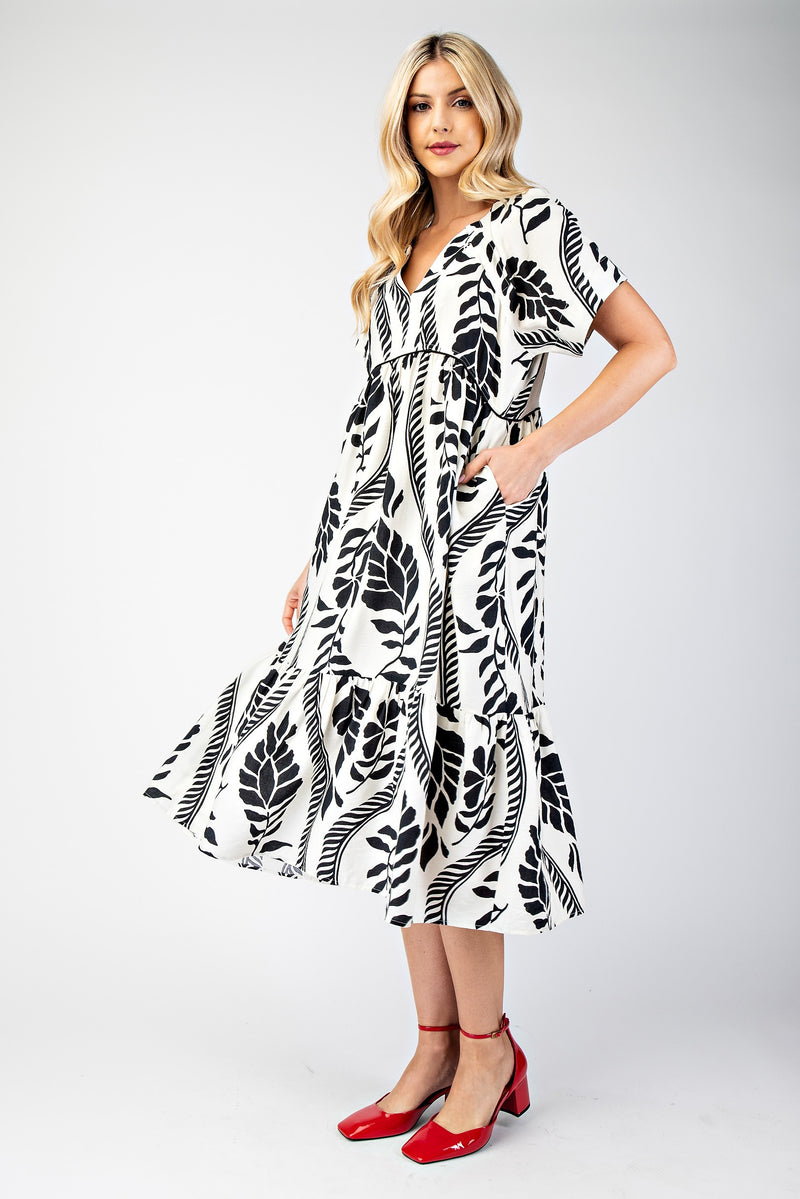 White V-Neck Leaf Printed Midi Dress