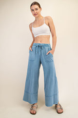 Dusty Blue Cotton Poly Cropped Wide Pant