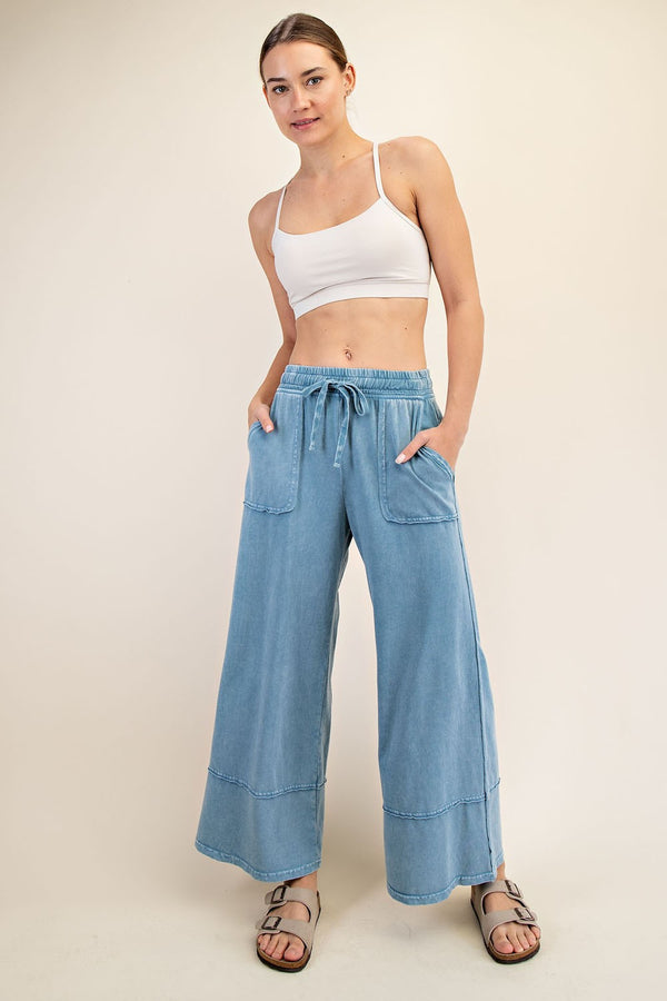 Dusty Blue Cotton Poly Cropped Wide Pant