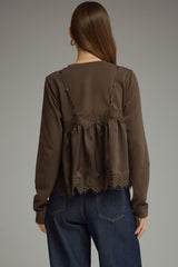 Brown Long Sleeve Layered Camisole Detail Top