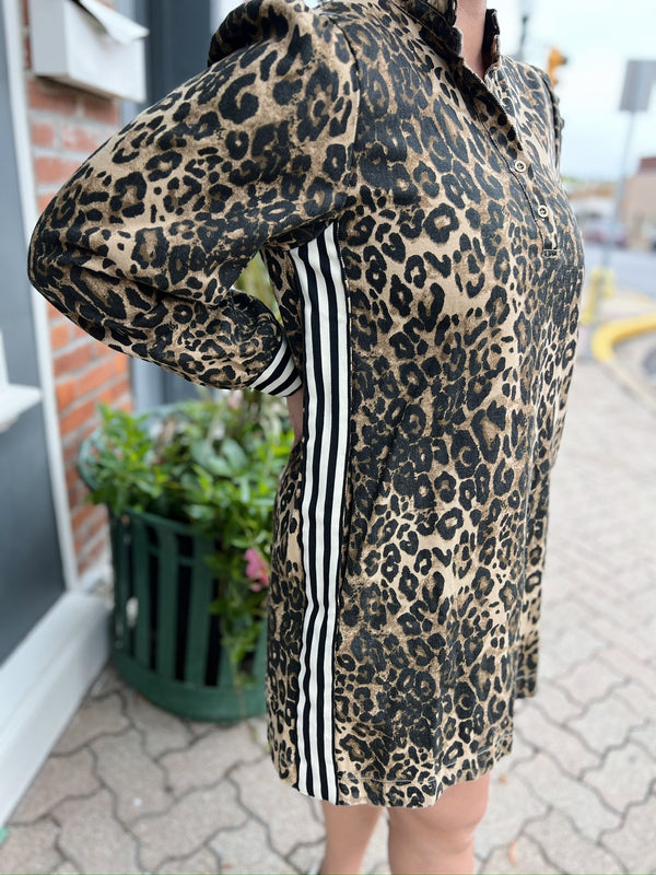 Leopard Long Sleeve Dress With Side Stripes