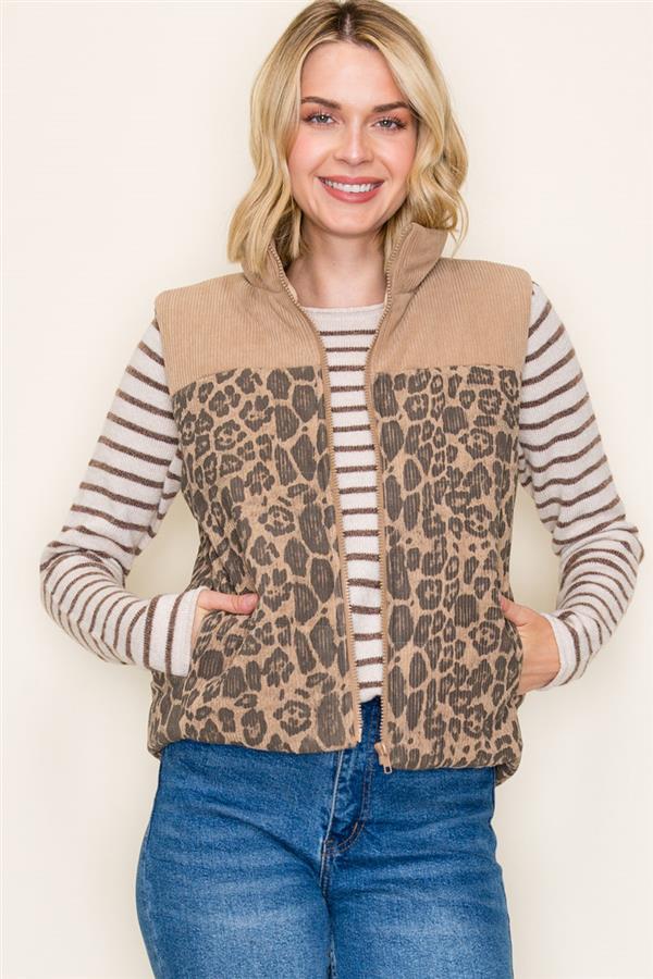 Oatmeal Corduroy and Leopard Contrast Vest