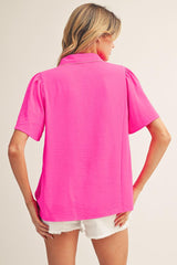 Hot Pink Flutter Sleeve Embroidered Trim Shirt