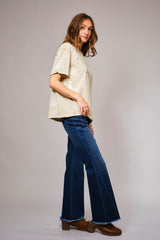 Beige Western Printed Round Neck Short Sleeve Top