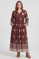 Curvy Brick Long Sleeve Border Print Dress