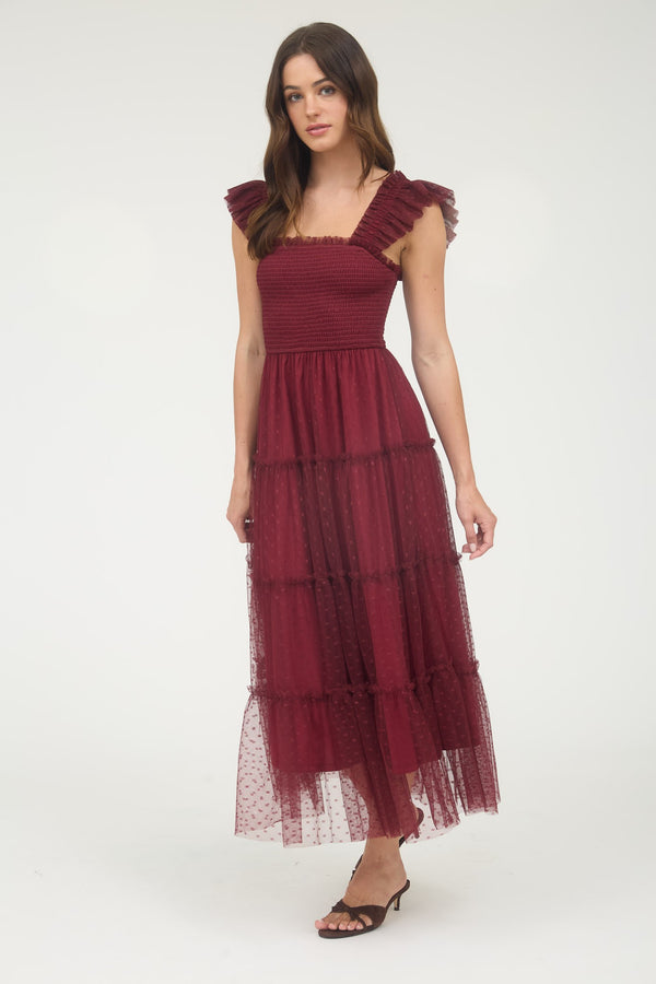 Burgundy Polka Dot Print tulle Tiered Midi Dress