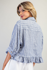 Blue Striped Button Down Ruffled Hem Top