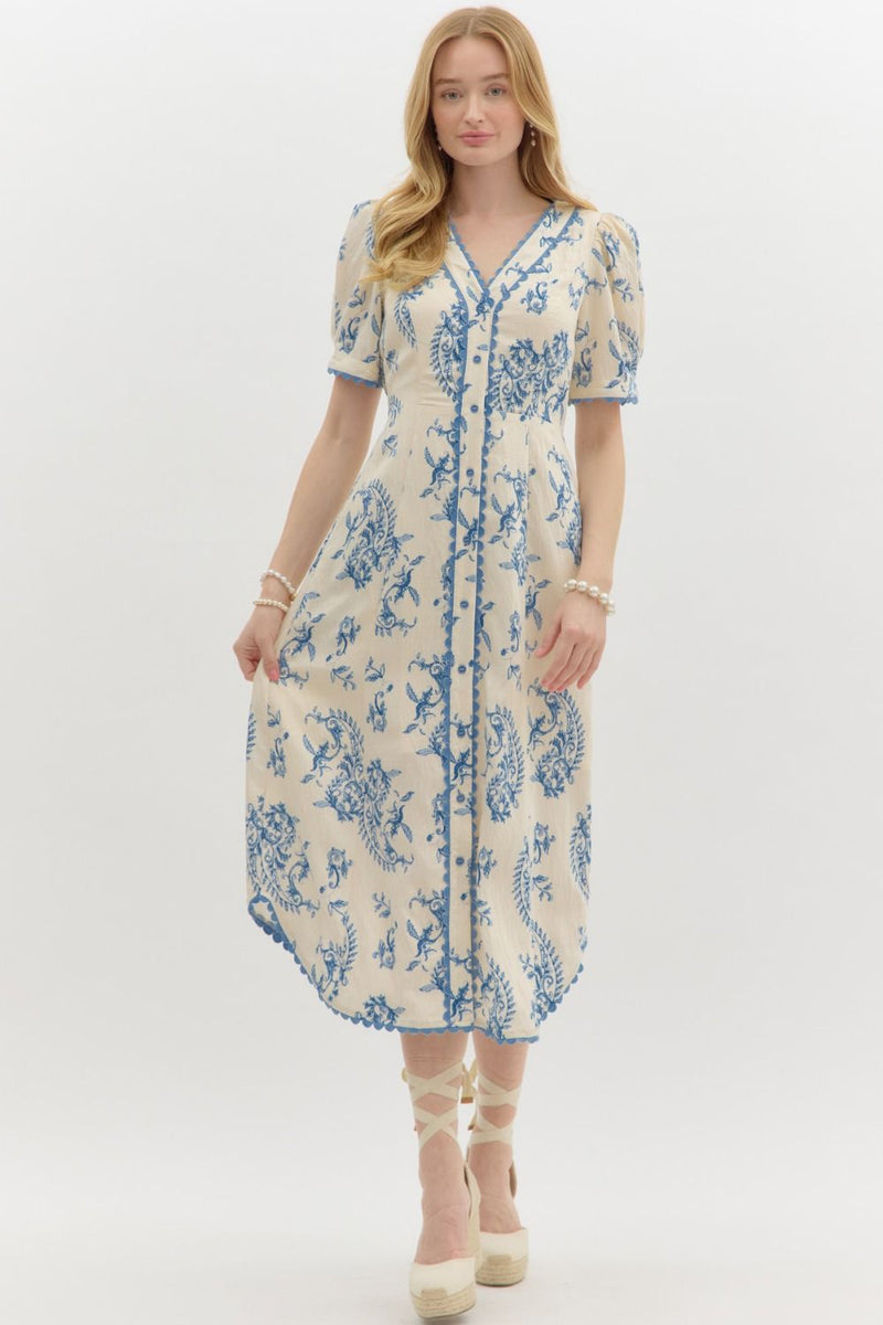Cream with blue Paisley & Blue Scallop Trim Dress