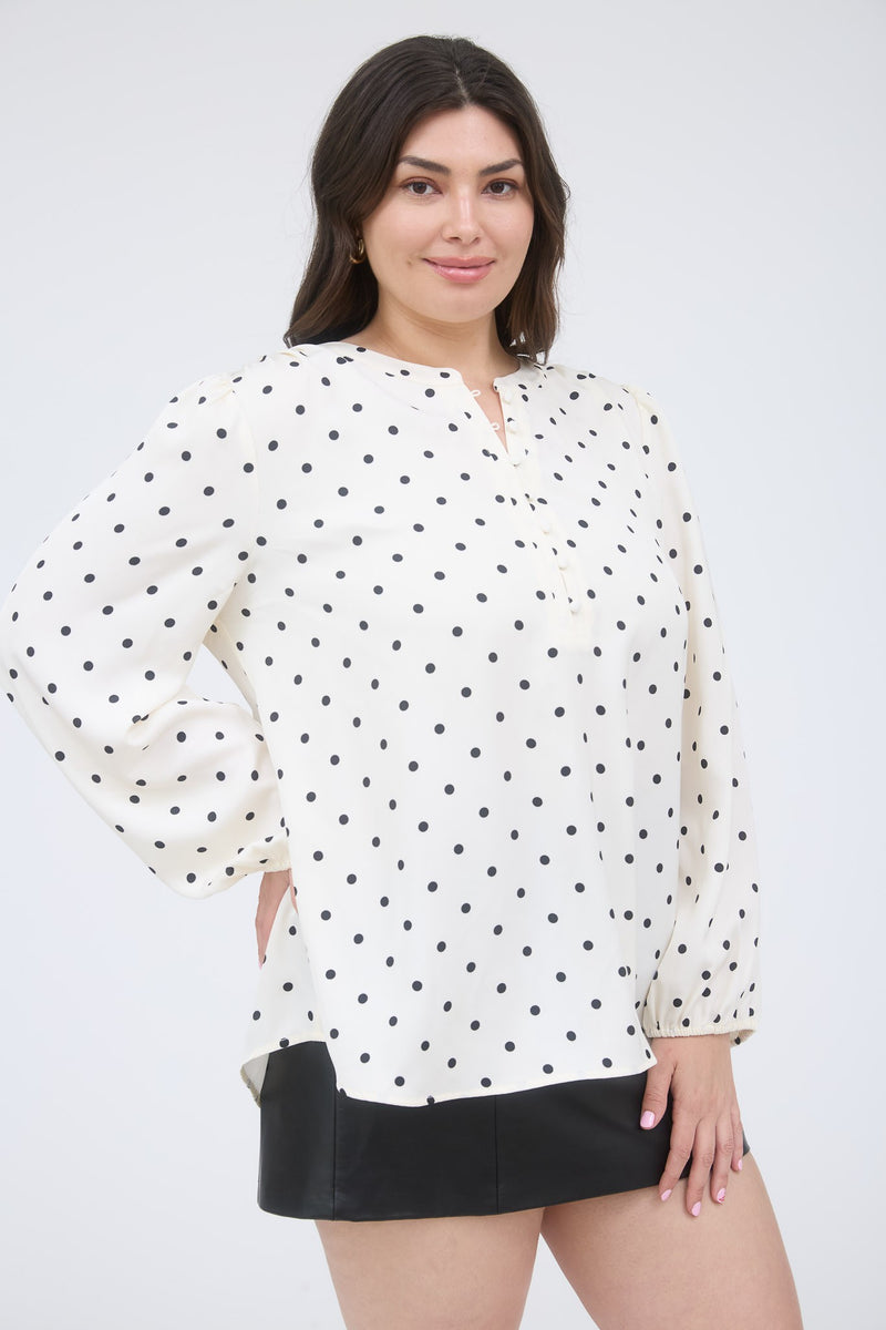 Curvy White Polka Dot Blouse With Cinched Sleeves