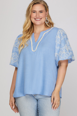 Curvy Blue Neck Detail Embroidered Puff Sleeve Top