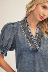 Embroidered Smocked Neck Chambray Dress