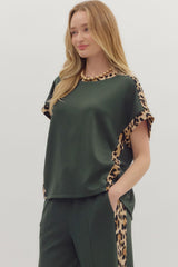 Dark Green Short Sleeve Knit W/ Leopard Contrast