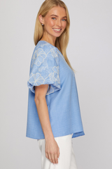 Blue Neck Detail Embroidered Puff Sleeve Top