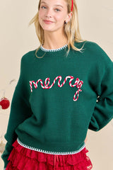 Hunter Green Merry Embroidered Sweater