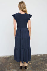 Solid Flutter Sleeve Smocked Midi Dress